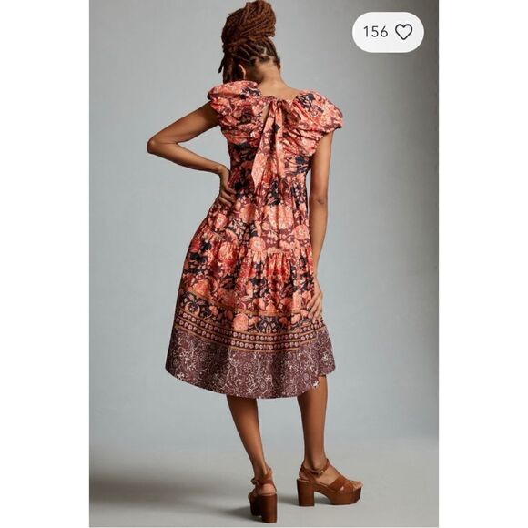 NEW By Anthropologie Deep V-Neck Puff Sleeve Bow Tie Back Babydoll Dress Size 2 - Picture 4 of 6